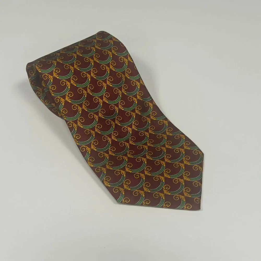 Aquascutum of London Silk Tie Burgundy Green Gold Scroll Pattern Classic Necktie